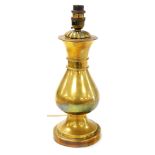 A brass baluster shaped vase, converted to a table lamp, 32cm high.