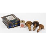 A group of sewing related items, to include a 19thC fruit wood reel holder in the form of an acorn,