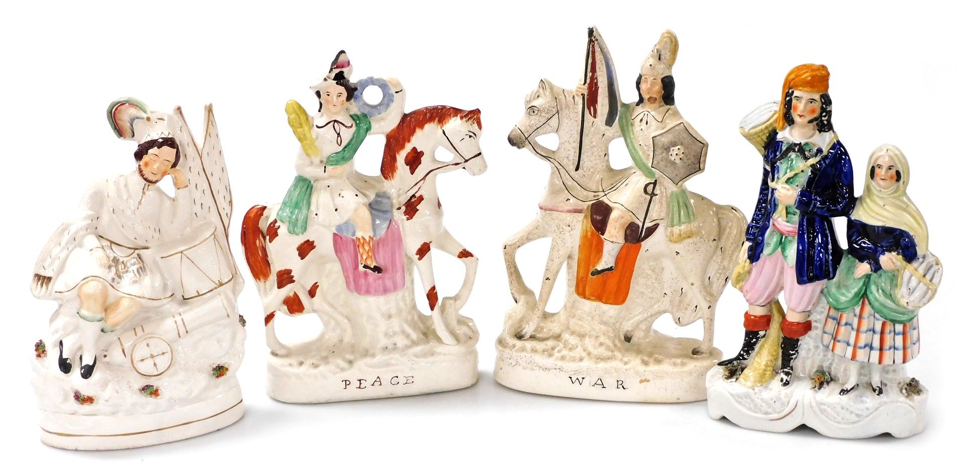 Four Victorian Staffordshire flat back figure groups, depicting War and Peace, 30.5cm and 28.5cm res