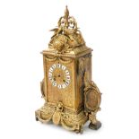 A late 19thC French gilt metal mantel clock, with black and white enamelled Roman numerals, the high