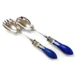 A pair of Victorian silver and blue jasperware salad servers, Sheffield 1896, 27.5cm long.