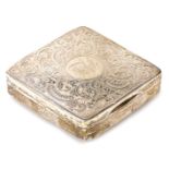 An Edward VII silver box, of square form, the lid decorated with an initialled cartouche surrounded