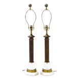 A pair of brass and moulded glass column lamp bases, with octagonal marble plinth and fitting, 82cm