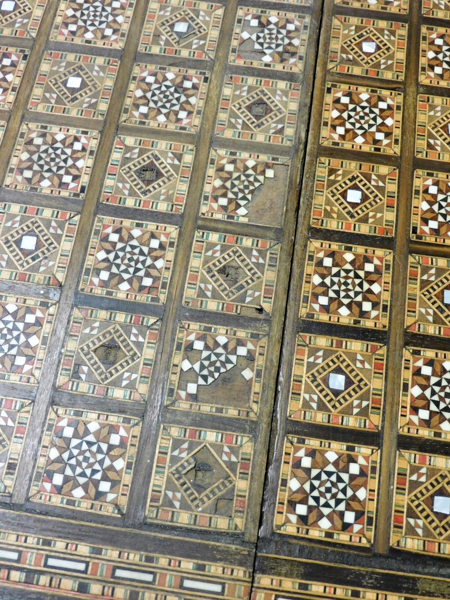 A Moorish inlaid backgammon box, profusely inlaid with finely detailed parquetry panelling and with - Image 4 of 5