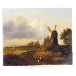 19thC English School. Rural landscape with a windmill and a figure in the foreground, oil on wooden