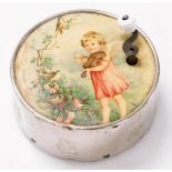 An early 20thC French Manivelle child's music box, the top decorated with a paper insert depicting a