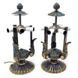 A pair of Continental burnished brass ceiling lights, with fluted roses and acanthus scroll vertical