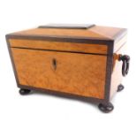 A Regency birds eye maple and rosewood tea caddy, of sarcophagus form, with double ring handles, the