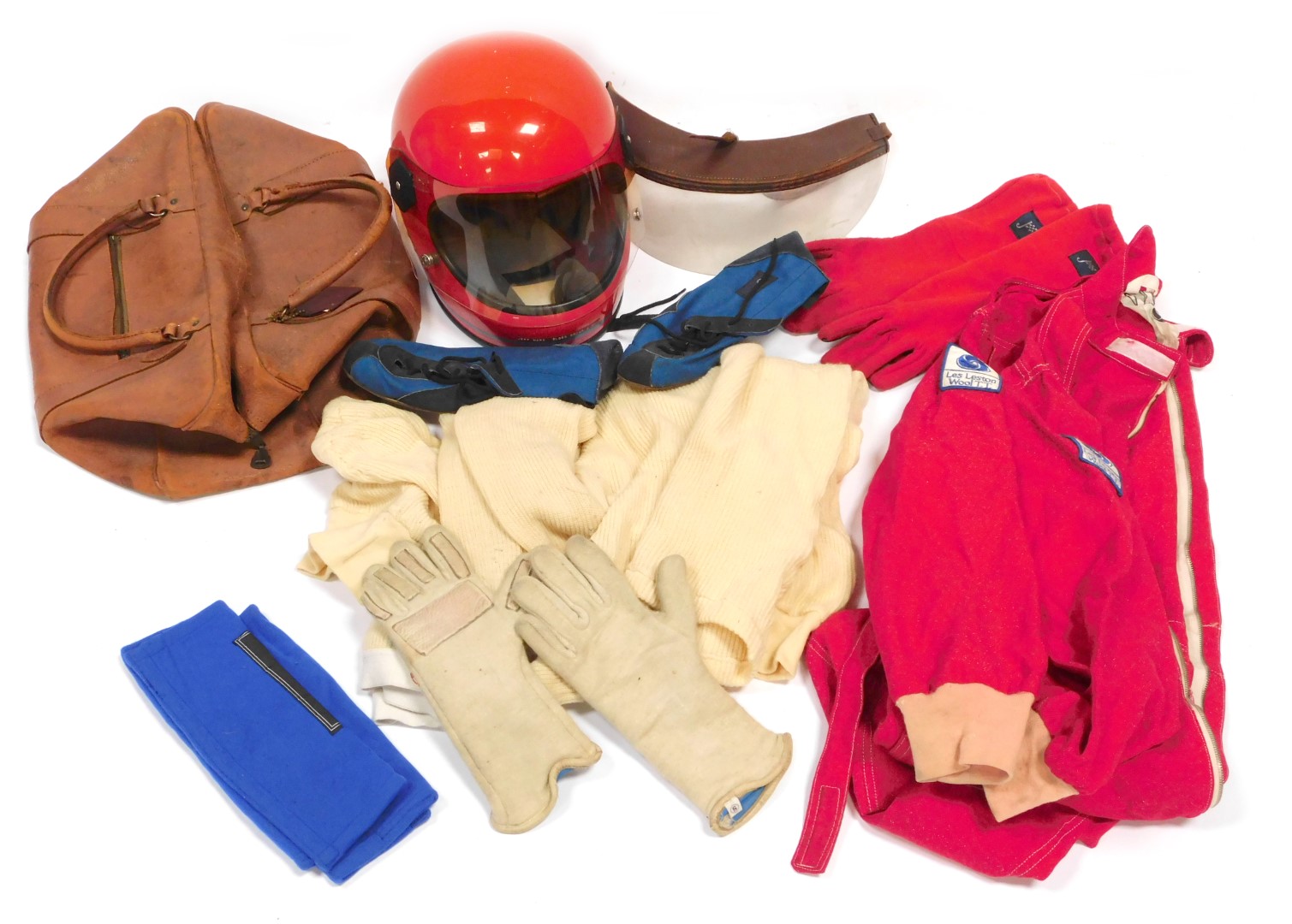 Motor Racing helmet and Les Leston racing overalls, together with other motor racing attire, as worn