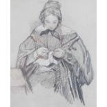 Charles West Cope (1811-1890). Lady sewing, brown and black chalk with white on grey paper, unsigned