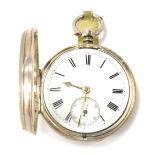 A Victorian silver pocket watch, with white enamel Roman numeric dial with gold hands and seconds d