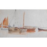 19thC School. Figure on a boat drying sails with other boats, watercolour, unsigned, Lester Gallery