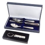 A group of presentation gift ware, a silver plated cased memory stick, and a knife, fork and spoon s