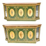 A pair of 19thC Neo-classical side cabinets, with satinwood tops, parcel gilt and Neoclassical paint