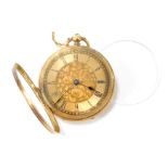 A ladies pocket watch, open faced, keyless wind, the floral design dial with blue enamel Roman numer