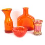 A group of amber and cranberry glass, comprising a late 19thC Continental cranberry glass and gilt p