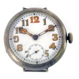 A silver cased wristwatch head, with a white enamel dial, with painted numbers, hands and seconds di