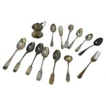 Georgian and later silver tea spoons, fork, butter knife, and a mustard pot, 8.21oz.