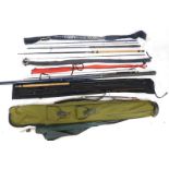 A Daiwa fly fishing rod, three piece split cane fly fishing rod, fishing umbrella, a Shakespeare Alp