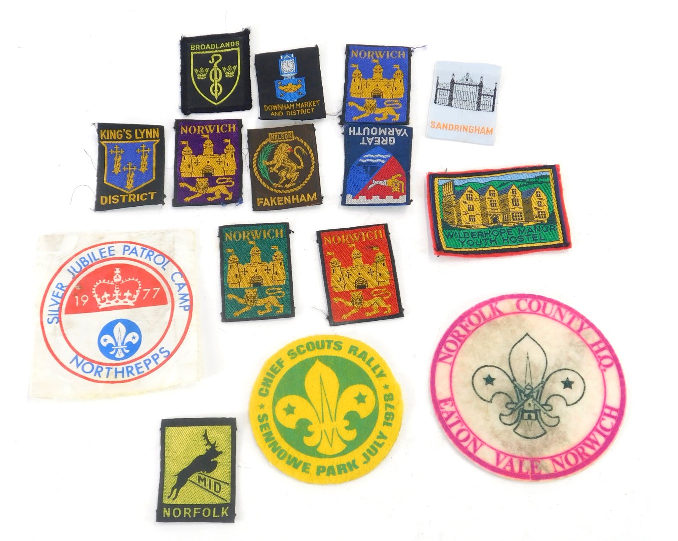 Scouting interest. Cloth badges for various events and districts, to include Kings Lynn, Broadlands,