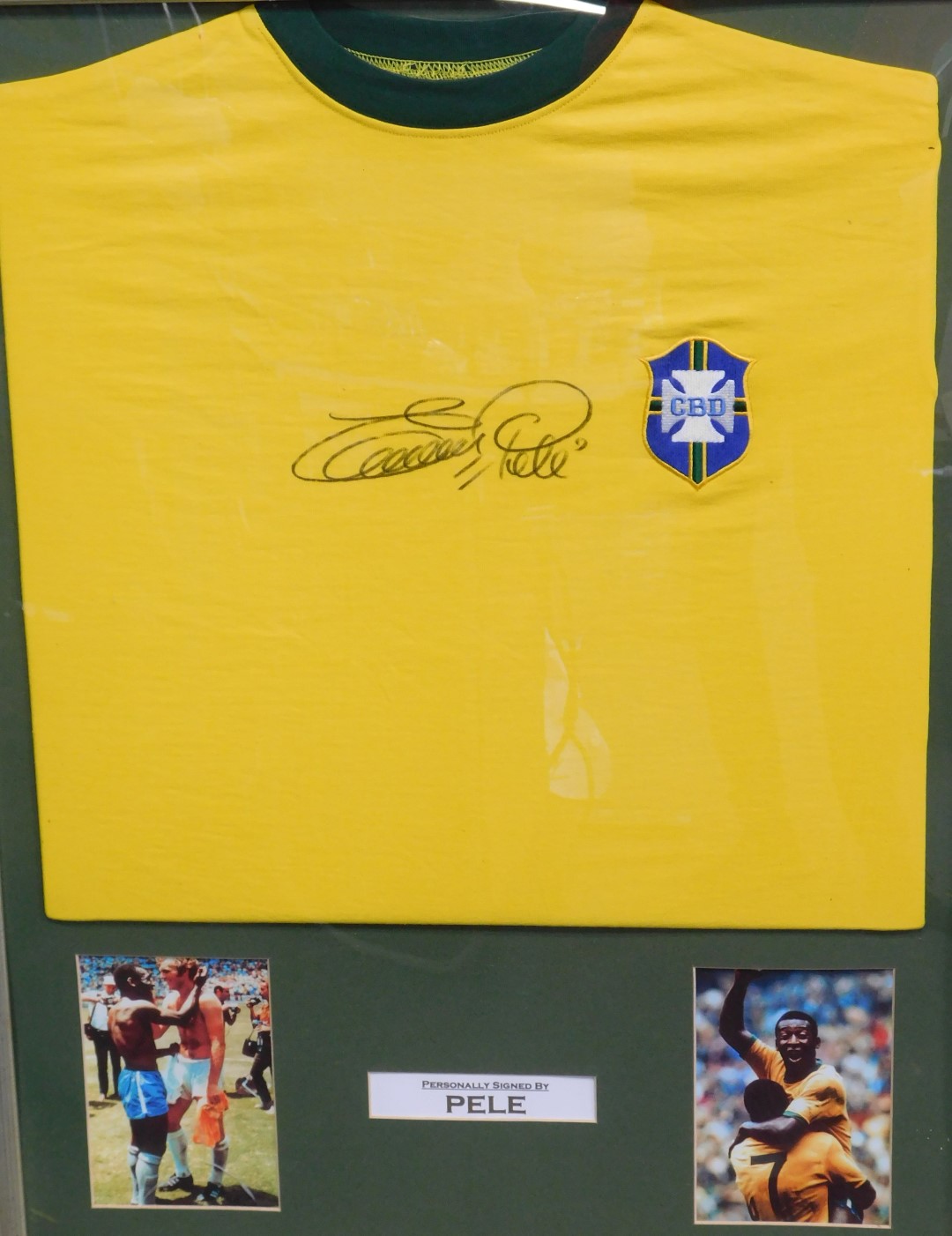 A CBD yellow framed football shirt, plaque for Pele with marker signature, framed and glazed, 91cm x