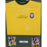 A CBD yellow framed football shirt, plaque for Pele with marker signature, framed and glazed, 91cm x