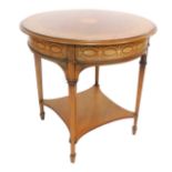 An Edwardian mahogany marquetry centre table, with circular top, square taper legs on spade feet sup