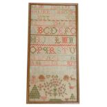 A 19thC alphabetic numeric and pictorial sampler, stitched Mary Lowsons Work, 42cm x 20cm.