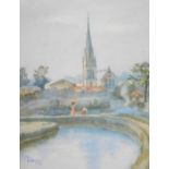EB Lane. Calm water before figures and spire, watercolour, signed and dated 1909, 31cm x 21cm.