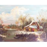 20thC Continental School. Figures on a frozen lake before cottages and tree, oil on board, unsigned,