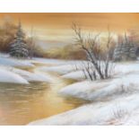 Sontorer (20thC). Winter landscape, calm stream and trees, twilight evening, oil on canvas, signed,