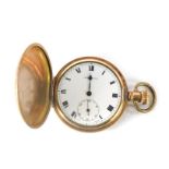 A craftsman gold plated hunter pocket watch, with a white enamel Roman numeric dial, blue hands and