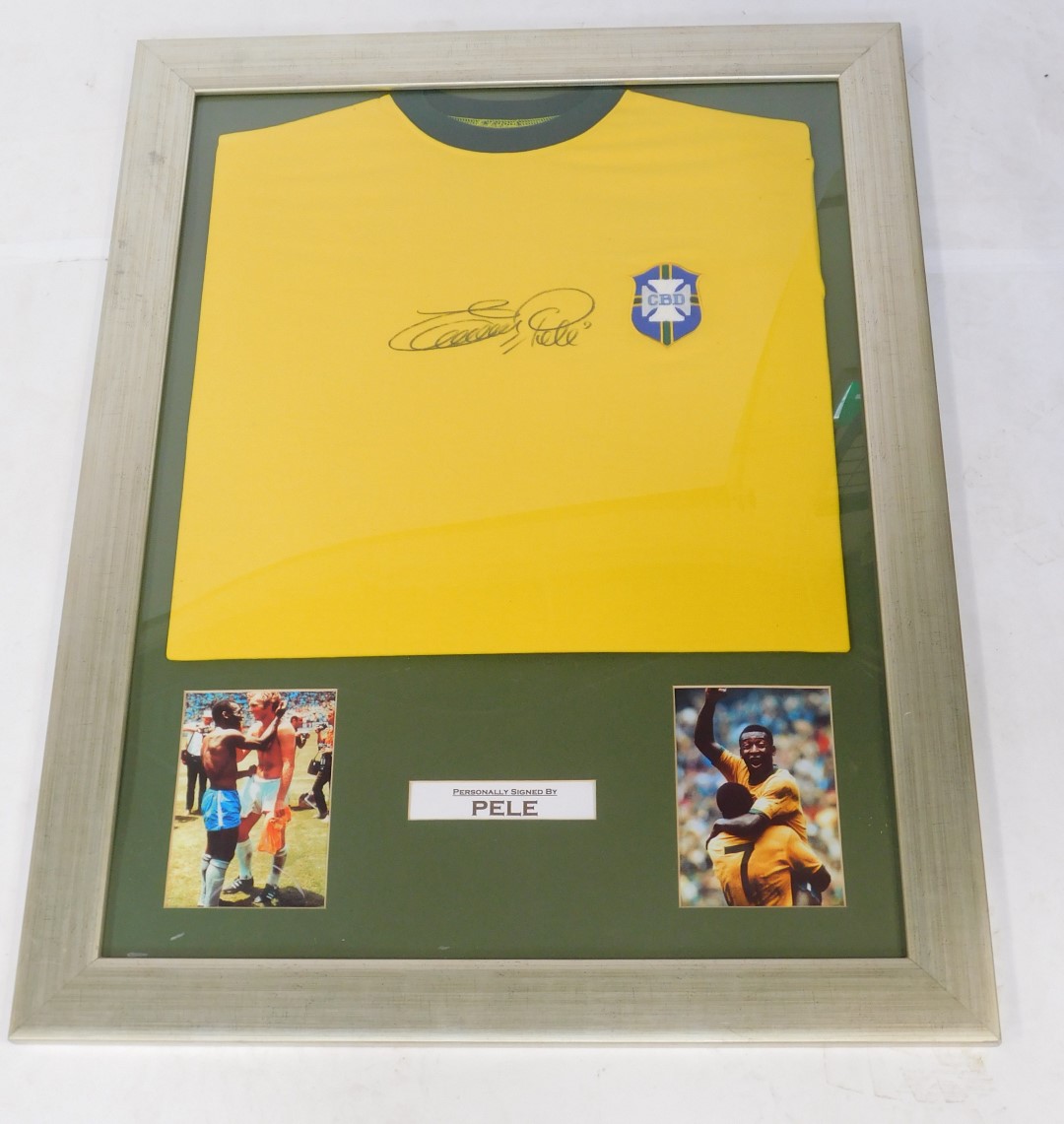 A CBD yellow framed football shirt, plaque for Pele with marker signature, framed and glazed, 91cm x - Image 2 of 3