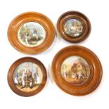 Four 19thC Prattware pot lids, comprising two large depicting fisherman scene, and country inn scene