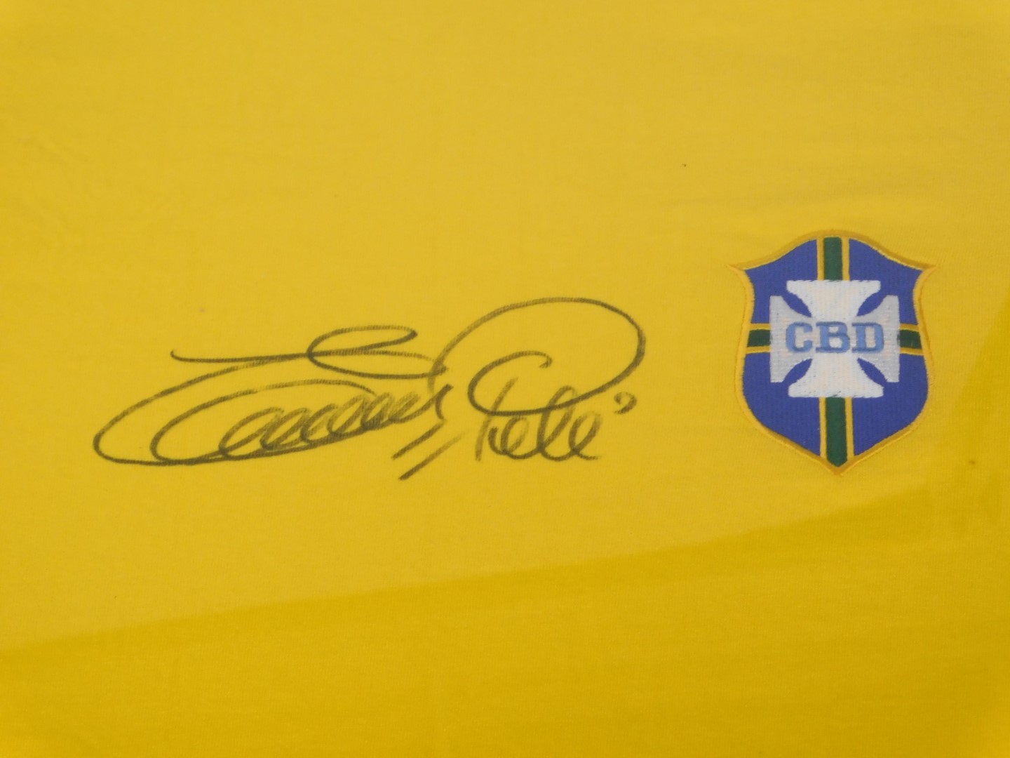 A CBD yellow framed football shirt, plaque for Pele with marker signature, framed and glazed, 91cm x - Image 3 of 3