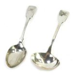 Two spoons, comprising a George V silver fiddle pattern soup ladle, London 1932, 2.46oz, and a silve