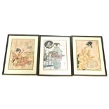 20thC Japanese School. Figure of geisha playing musical instrument, two others similar, prints, 40cm