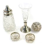 Silver and cut glass items, comprising a silver rimmed sugar shaker, silver topped small dressing ta