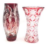 A Bohemian ruby cut glass vase, of waisted form, 31cm high, and a further ruby cut glass vase, of ov