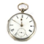 A Victorian silver pocket watch, with a white enamel Roman numeric dial, gold hands and seconds dial