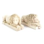 A pair of resin Rinaldo Rinaldi's sleeping lions, after Canova, from The Chatsworth Collection Made