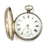 A Victorian silver pocket watch, with white enamel Roman numeric dial, gold hands, seconds dial with