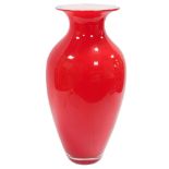 A Nason, Murano red glass vase, of shouldered, tapering from, with a white opaque interior, etched m