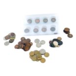 A collection of coinage, comprising pennies, Spanish coins, francs, halfpennies, collector's fifty p