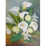 20thC School. Still life of calla lilies, oil on canvas, indistinctly signed, 54cm x 44cm.