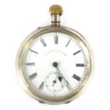 A silver pocket watch, with bezel wind, white enamel dial, Roman numerals, blue hands and seconds di