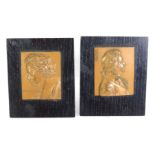 Two bronze portrait plaques, depicting composers Beethoven and Mozart, by F Stiasny, 6cm x 5cm, moun