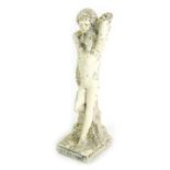 A later painted alabaster figure group, indistinctly titled, of a standing nude figure embracing a f
