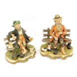 Two Capodimonte style figure groups, each modelled with a tramp seated on a bench, 26cm high, 18cm w