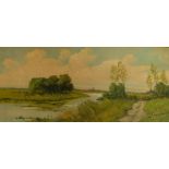 J Verdubuck (20thC). Calm river landscape, fence and cattle in the distance, oil on canvas, signed,